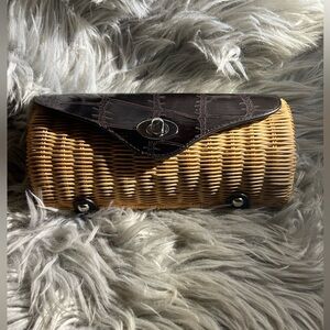 Elegant Vintage Tan and Brown Woven natural rattan and patent leather Clutch